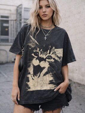 NWT Urban Nation Cat Graphic Tee 2X Acid Wash Oversized Y2K Grunge Streetwear